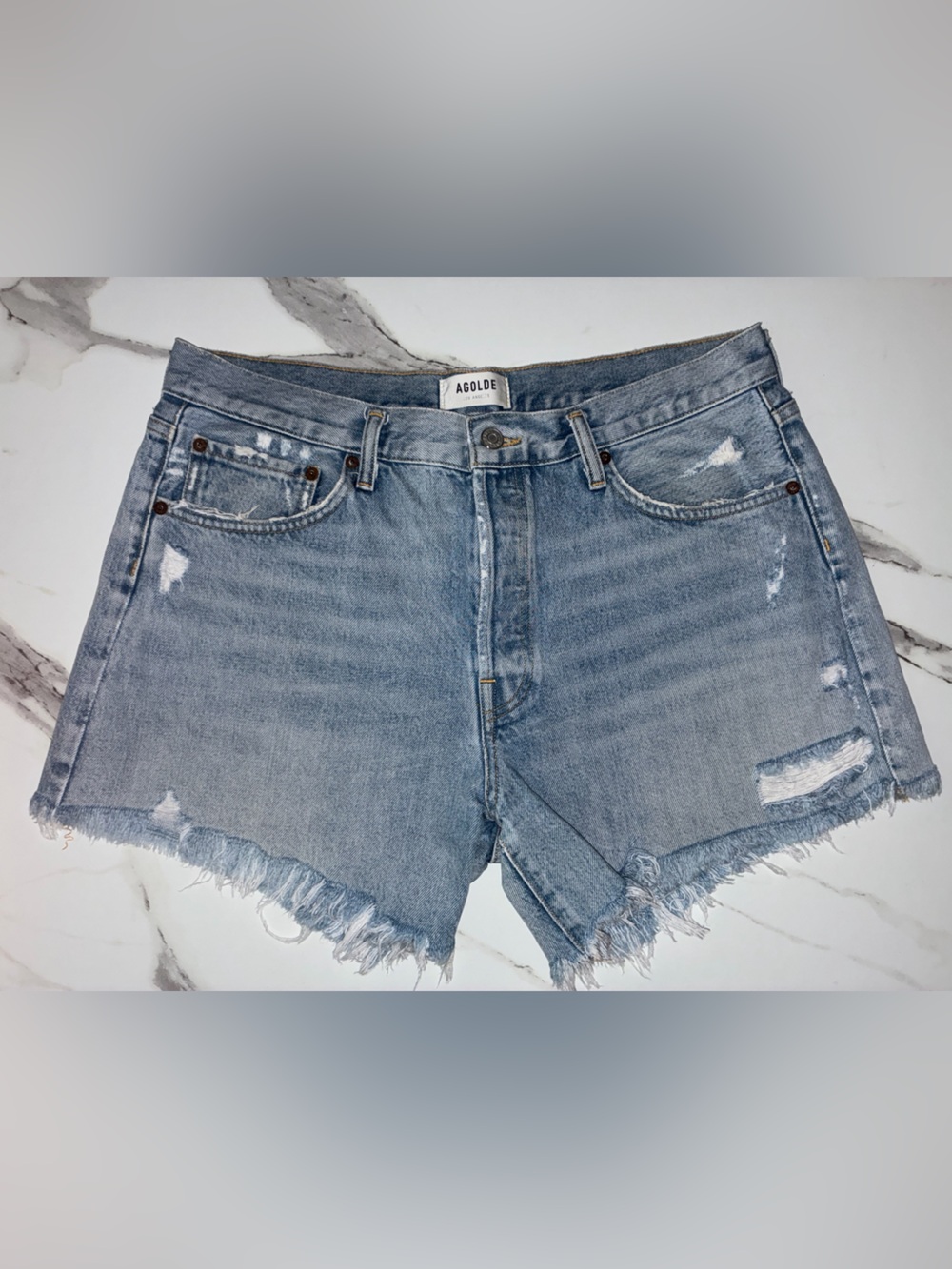 Agolde Parker Long 31 Swapmeet Blue Distressed Denim Jean Shorts